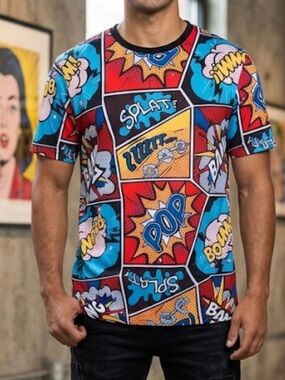 Men’s Comic-Print Short Sleeve T-Shirt in Multi-Color